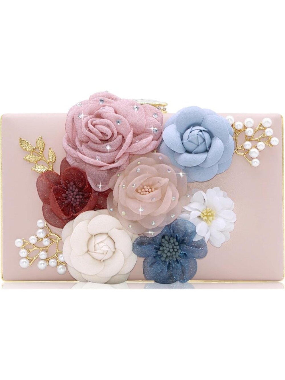 Women's Pink Light Floral Clutch Purse Wedding Rhinestone Prom Party Evening Bag